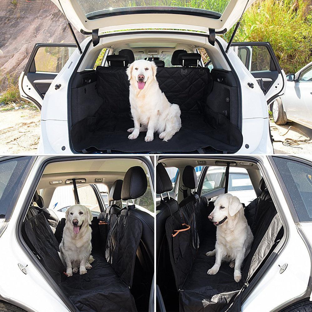 collage of 3 images, Pet Car Seat Protector with the mesh installed in the car